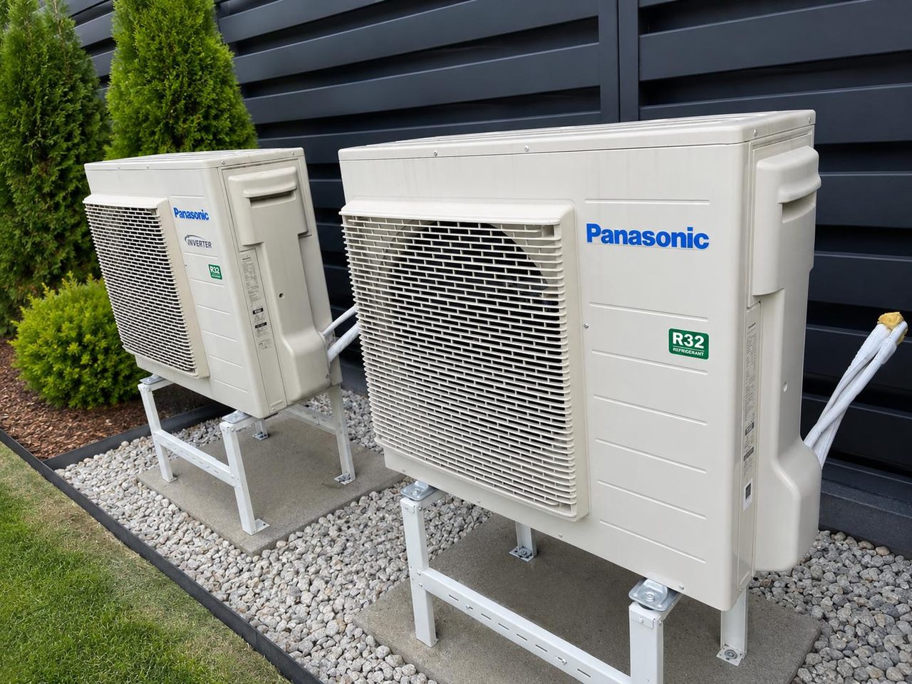 Dwie jednostki zewnętrzne Panasonic na stelażach